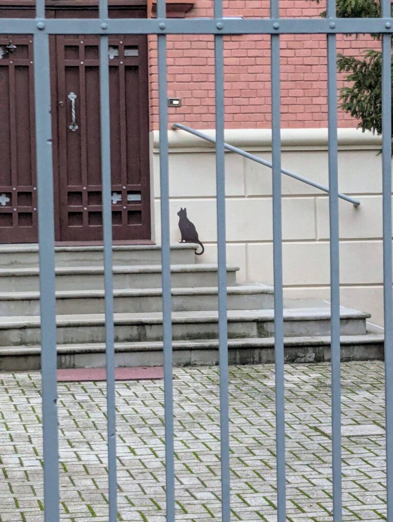 Sagoma in metallo di un gatto nero ferma sui gradini di un ingresso, simbolo di osservazione e meraviglia quotidiana.