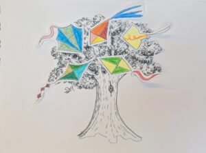 Illustrazione acquerello di una quercia maestosa con aquiloni colorati tra i rami