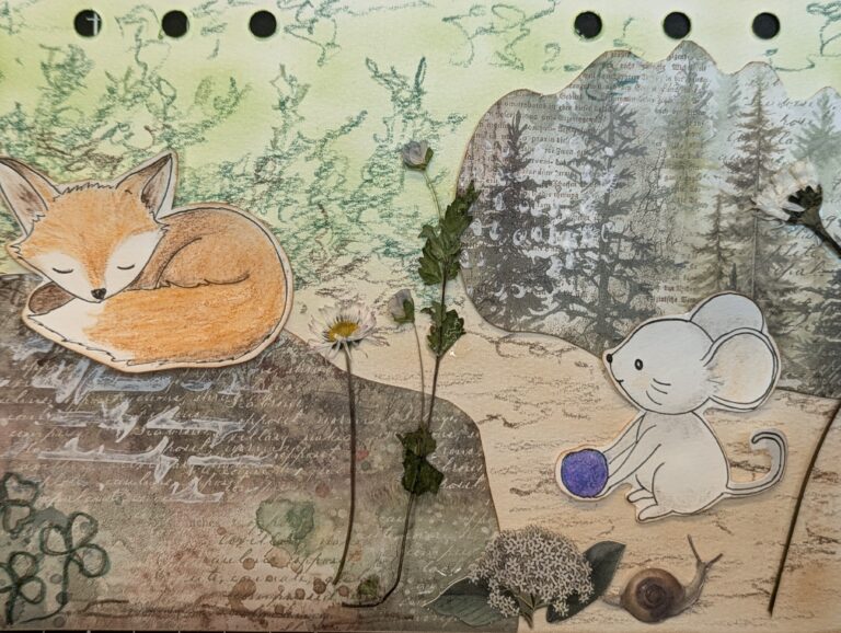 Illustrazione scrapbook della volpe e del topolino bianco nel bosco — Trame di Bosco, Clouds & Draws